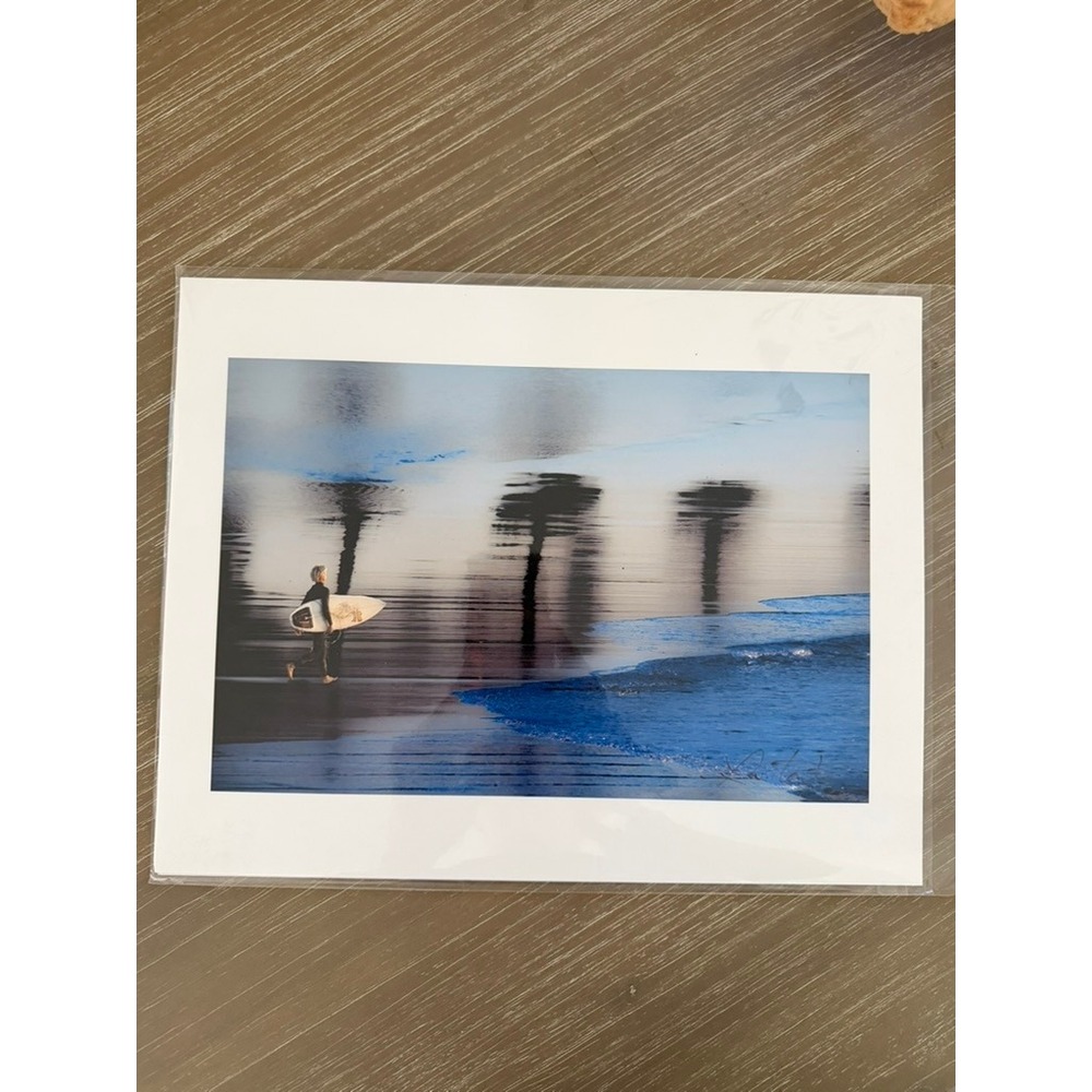 Signed Surfer Beach Photography Print Matted Coastal Wall‎ Art Blue Reflection